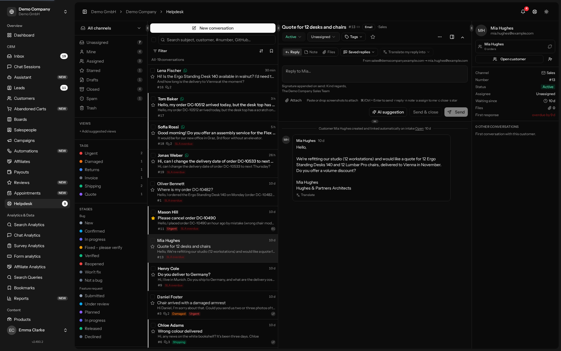 The helpdesk: customer emails as shared conversations with replies, notes and AI suggestions.
