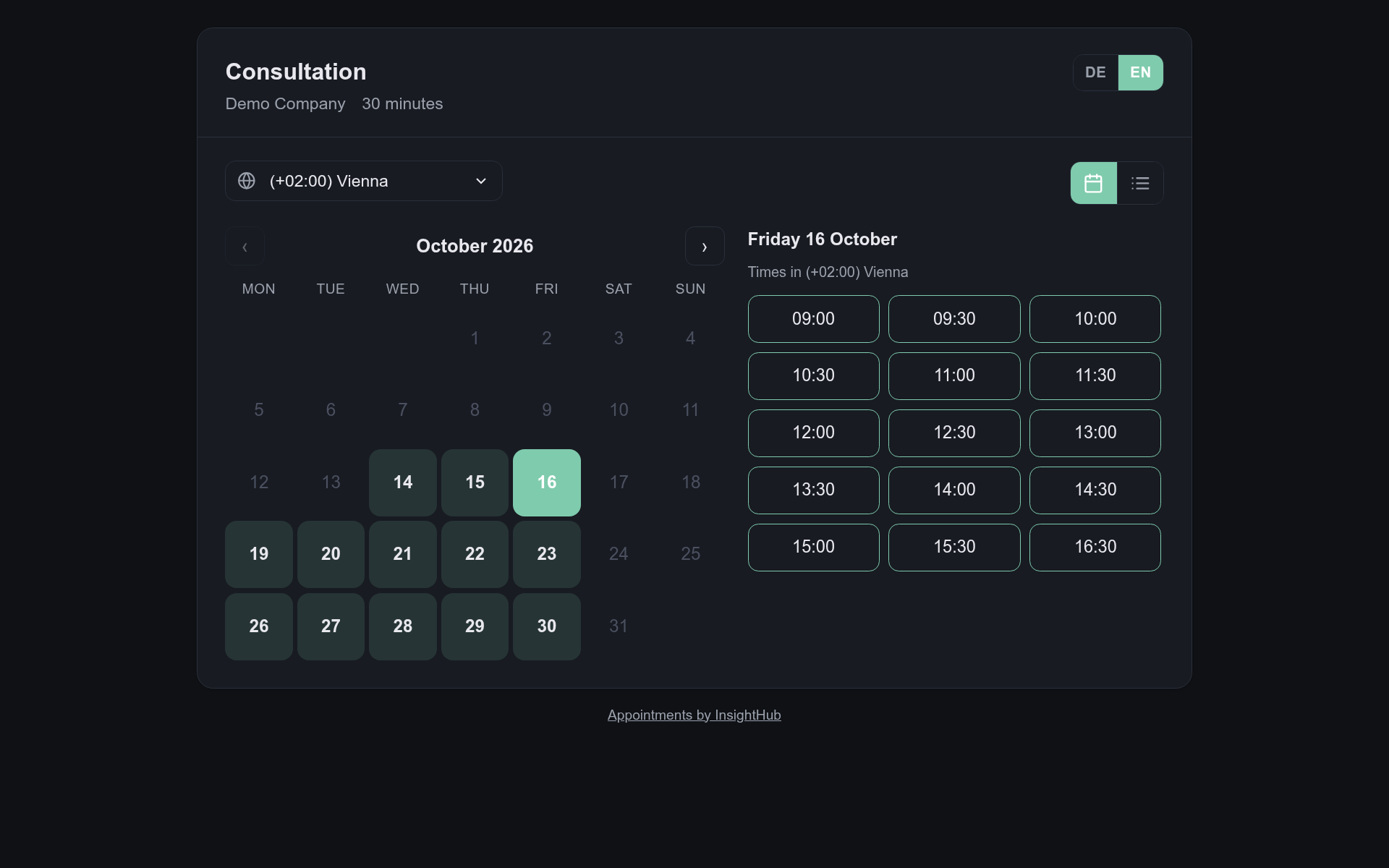 The public booking page: customers pick a free time from your calendar and book themselves.