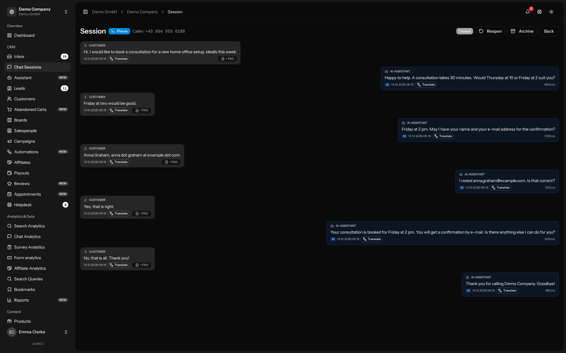 A phone call handled by the voice assistant, with the transcript in InsightHub.