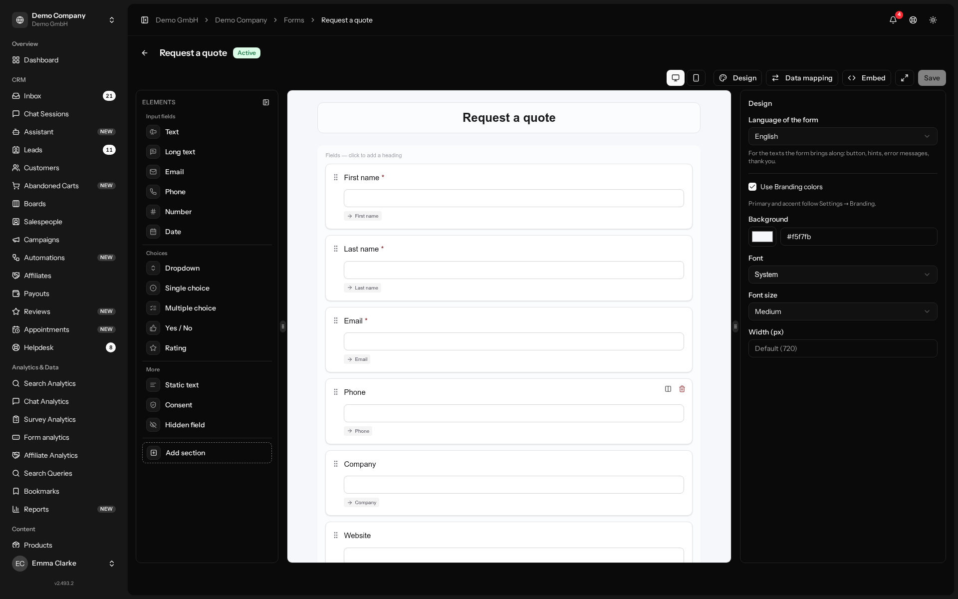The form builder: drag fields, map them to lead fields and embed the form on your site.