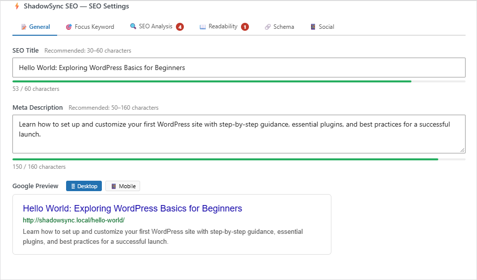 Meta tag editor with live Google preview