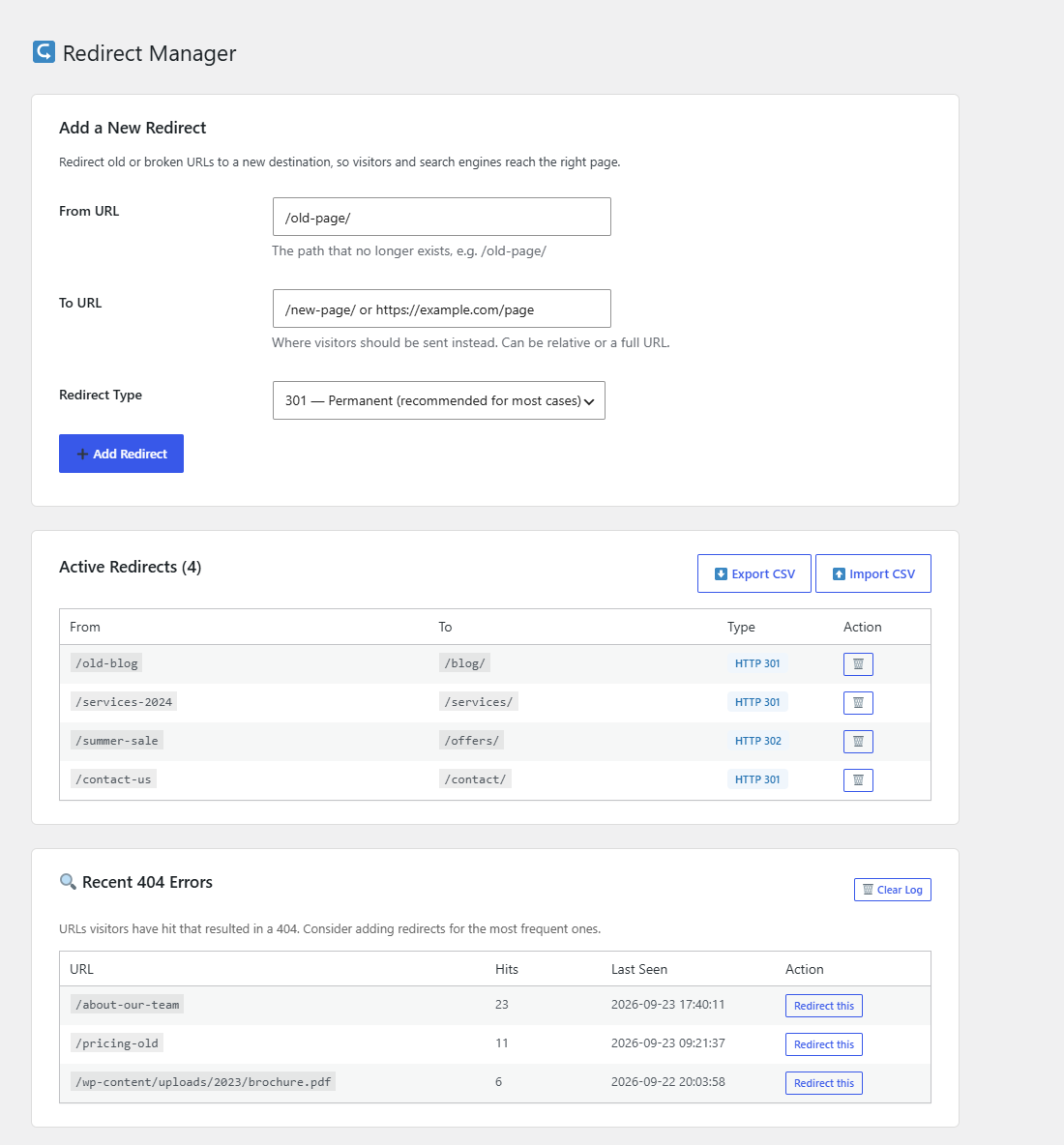 Redirect manager with 404 tracking