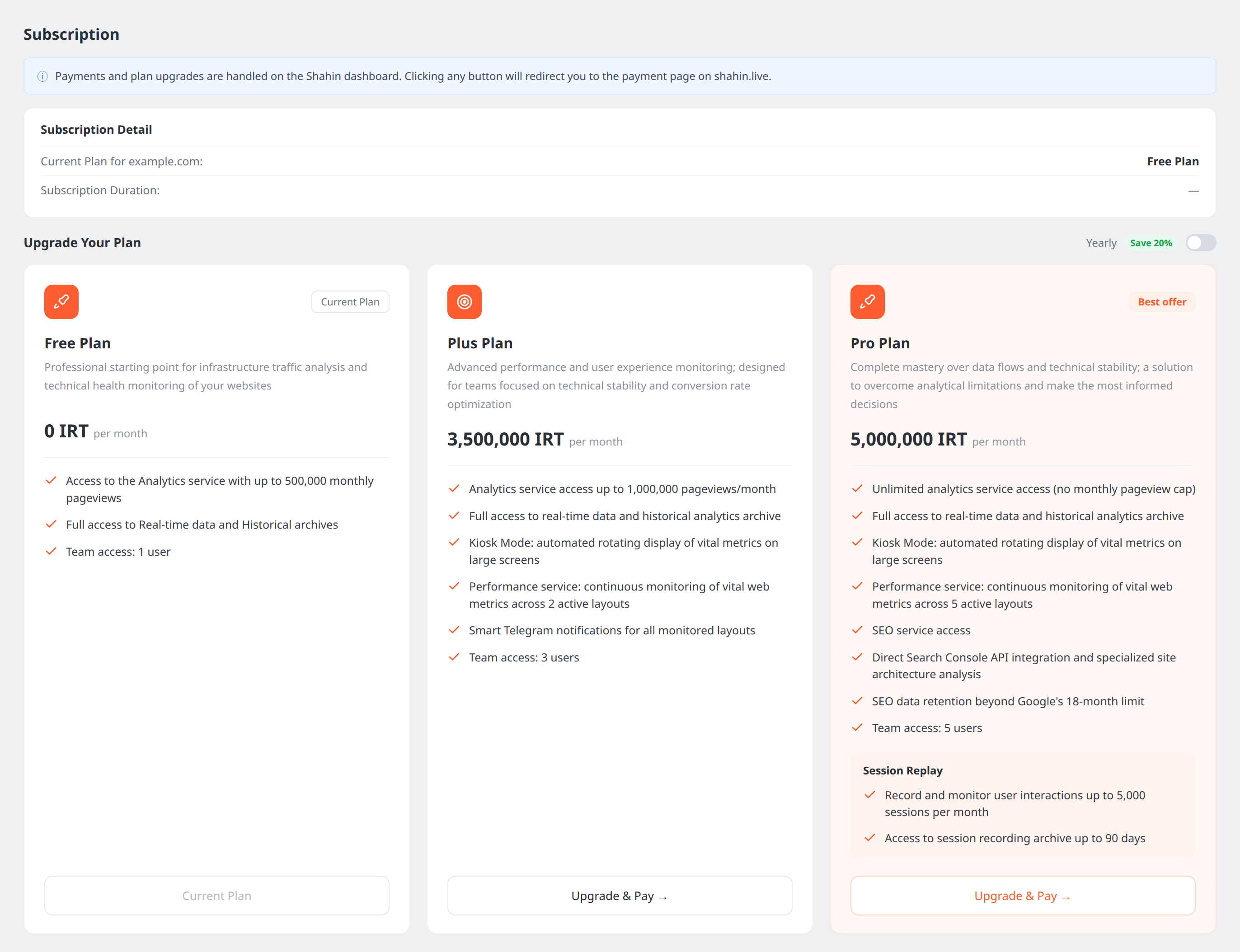 Subscription — your current plan and available plans.