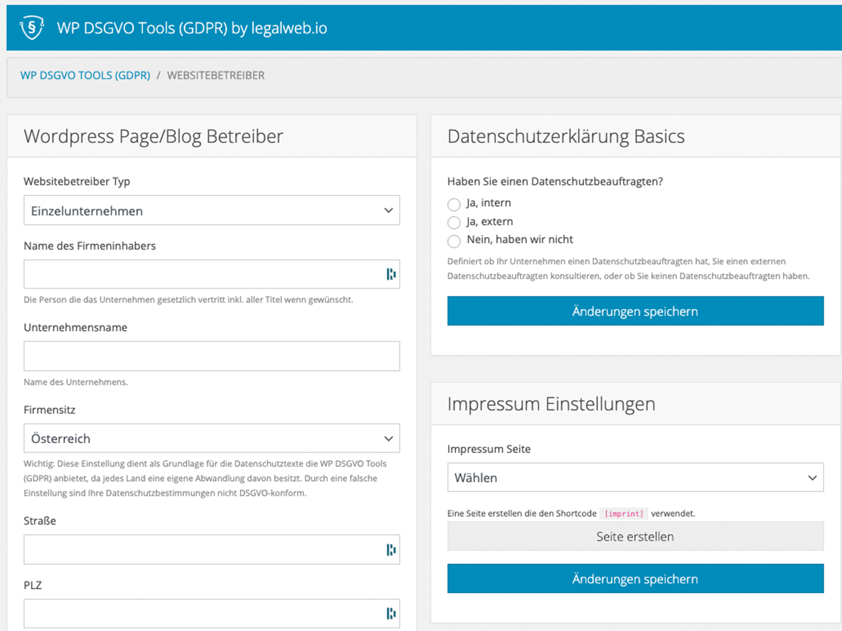 Settings for page operator which are used for privacy policy and imprint