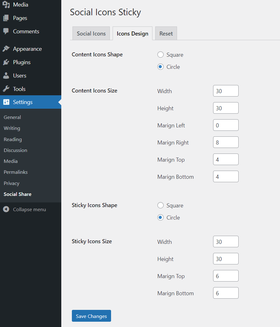 Icons Design Settings