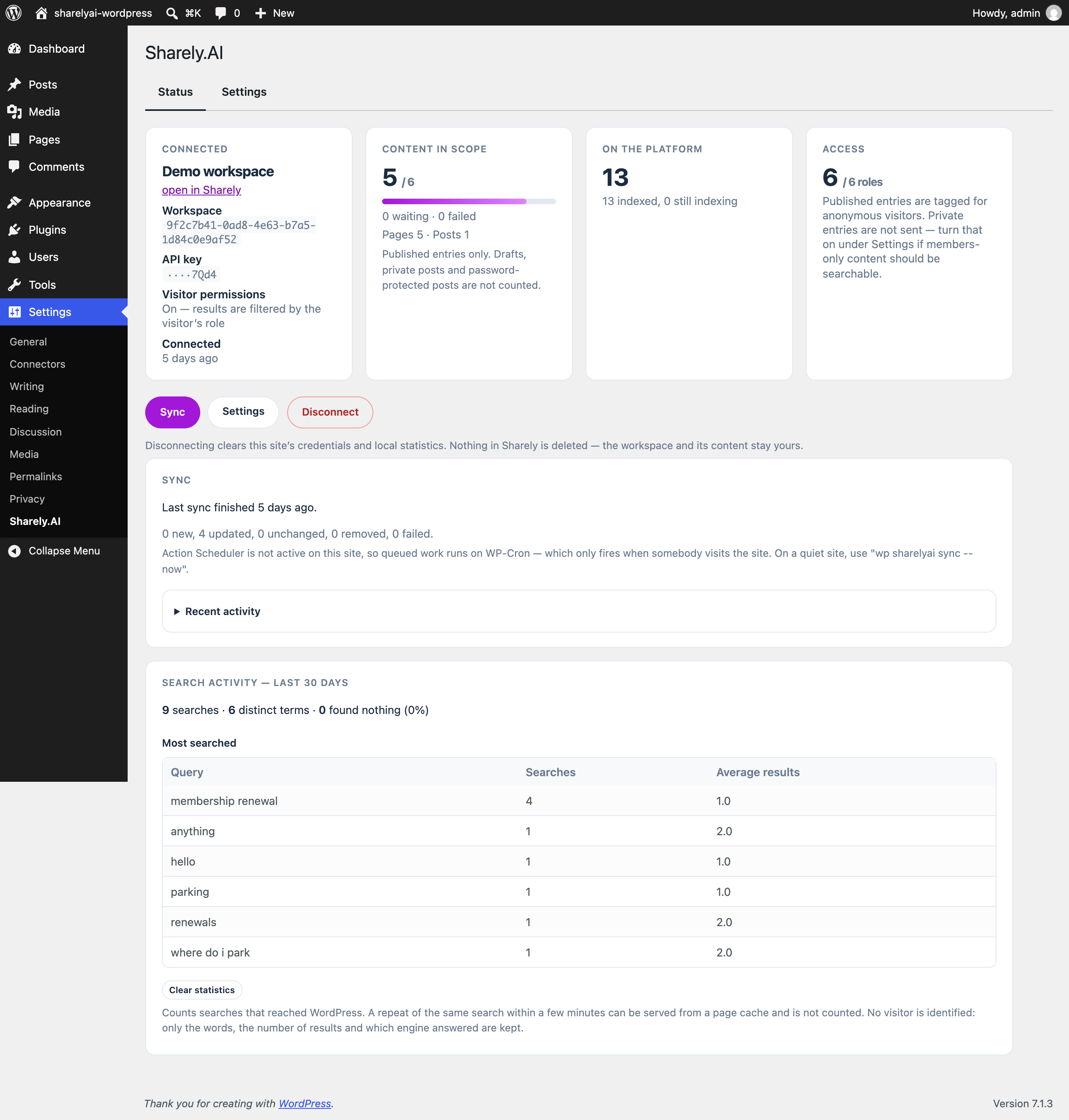 The status screen: what is connected, what has been sent, and what failed.