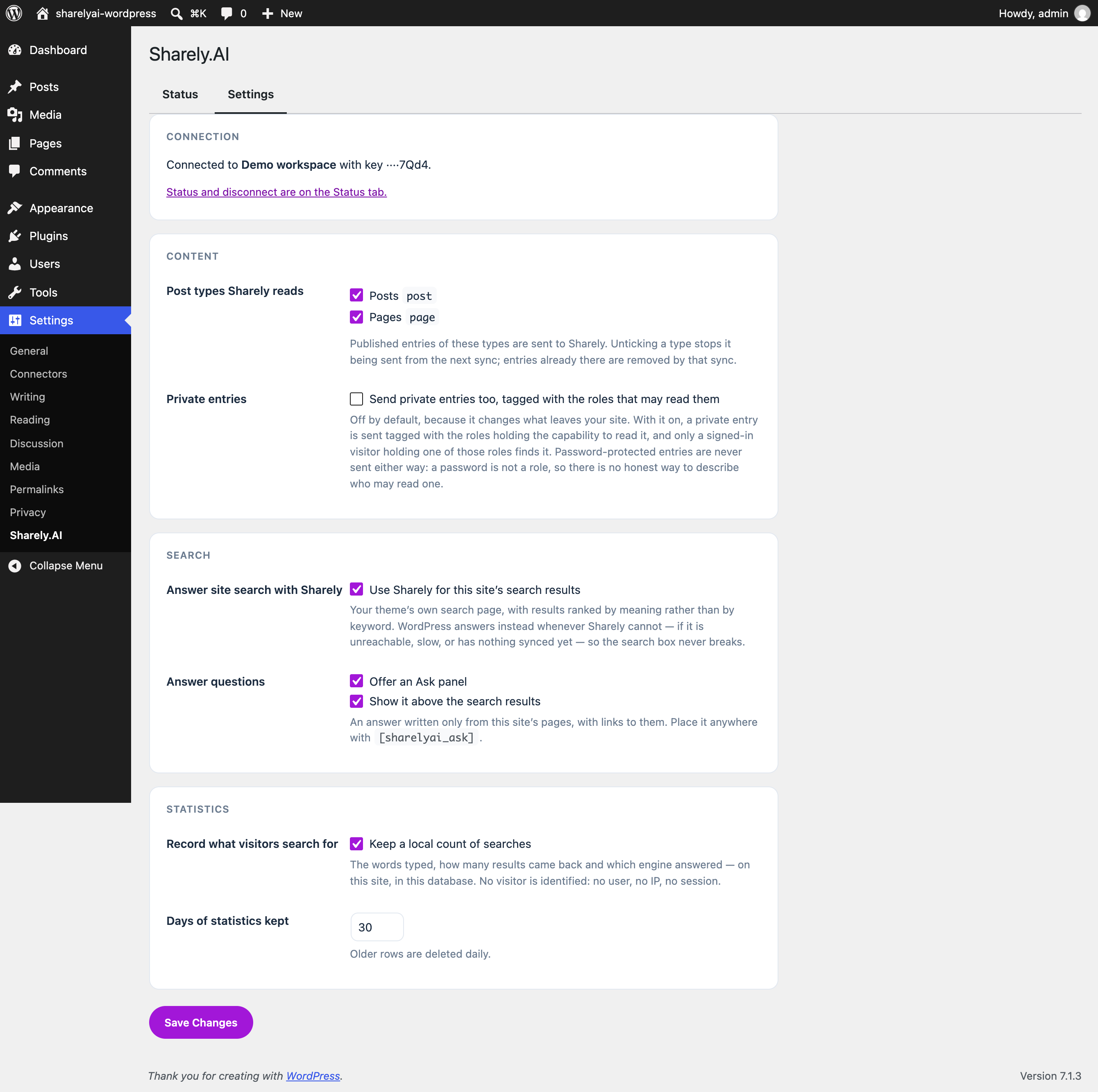 Settings: post types, the Ask panel, and what is recorded.