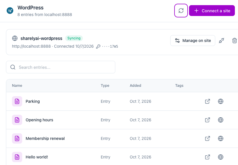 The site's synced entries, as they appear in the Sharely workspace.
