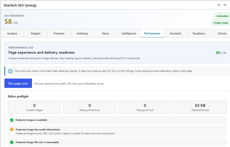 Performance SEO analysis covering Core Web Vitals readiness, lazy loading, images, and blocking resources.