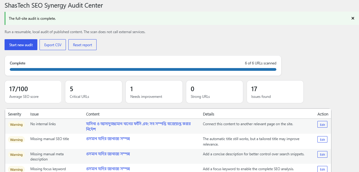 Site Audit Center with SEO scores, critical issues, warnings, and detailed URL analysis.