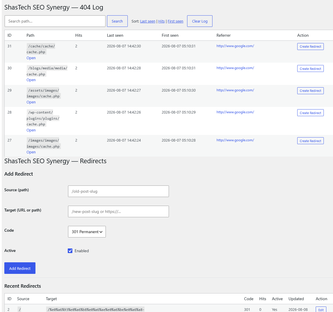 Redirect management and 404 monitoring tools.