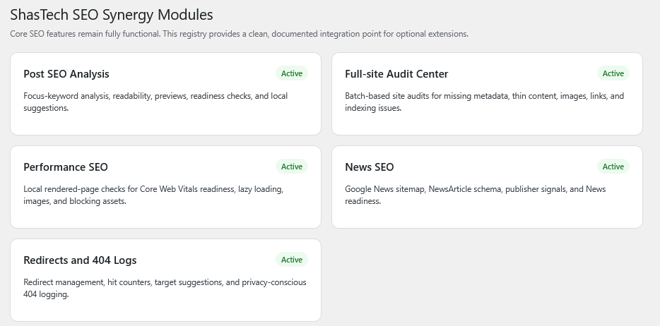 SEO Synergy settings and modular feature configuration.
