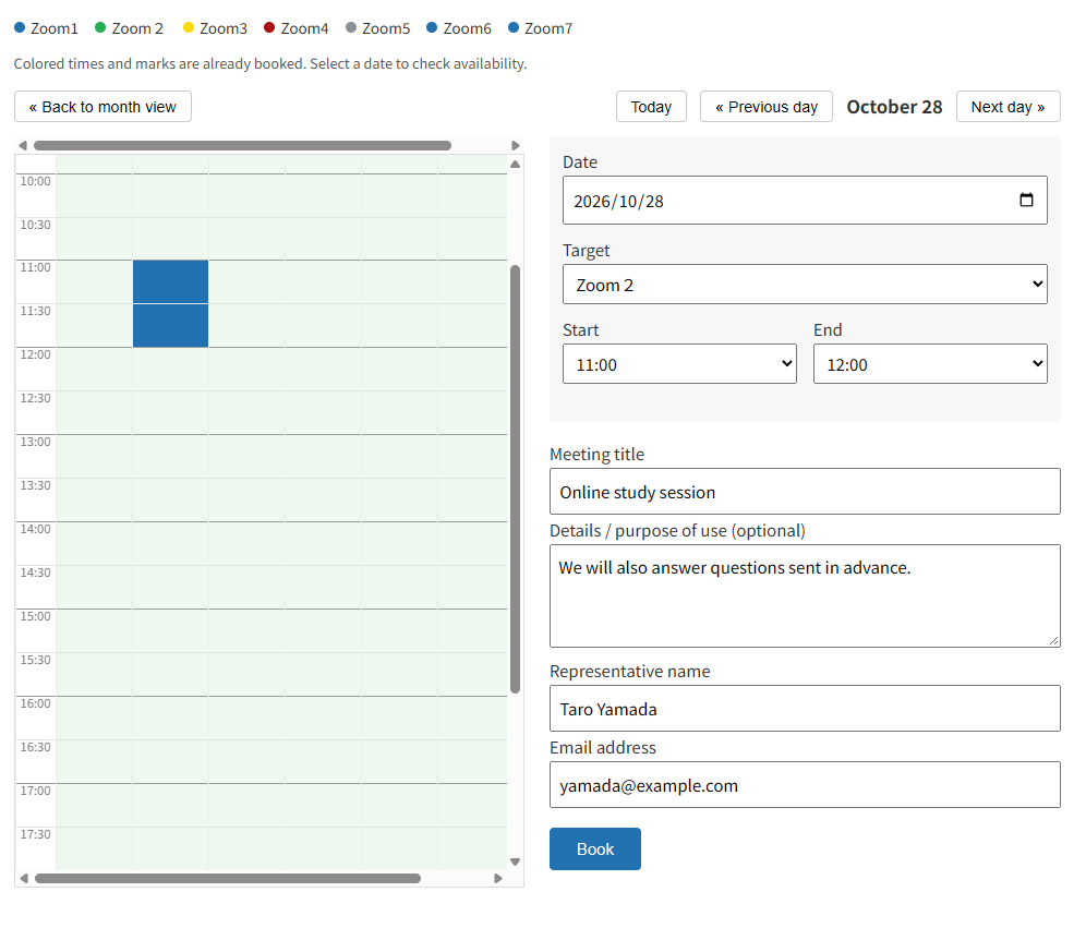 Day view with the booking form