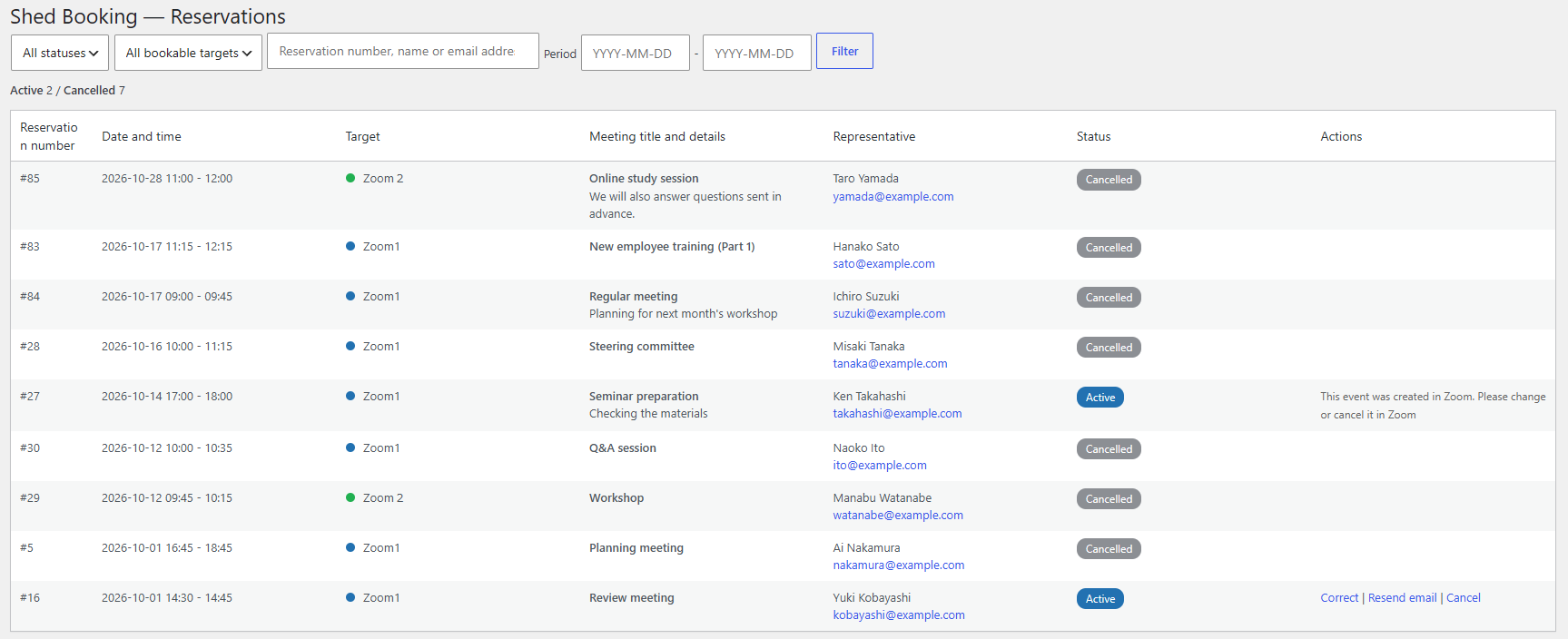 Reservation list in the admin screen