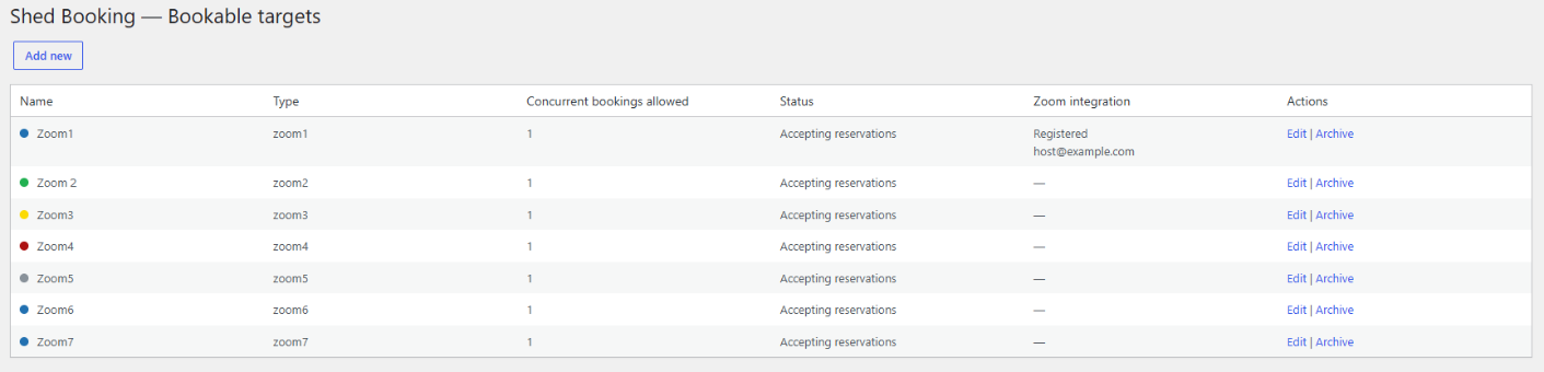 Bookable targets list