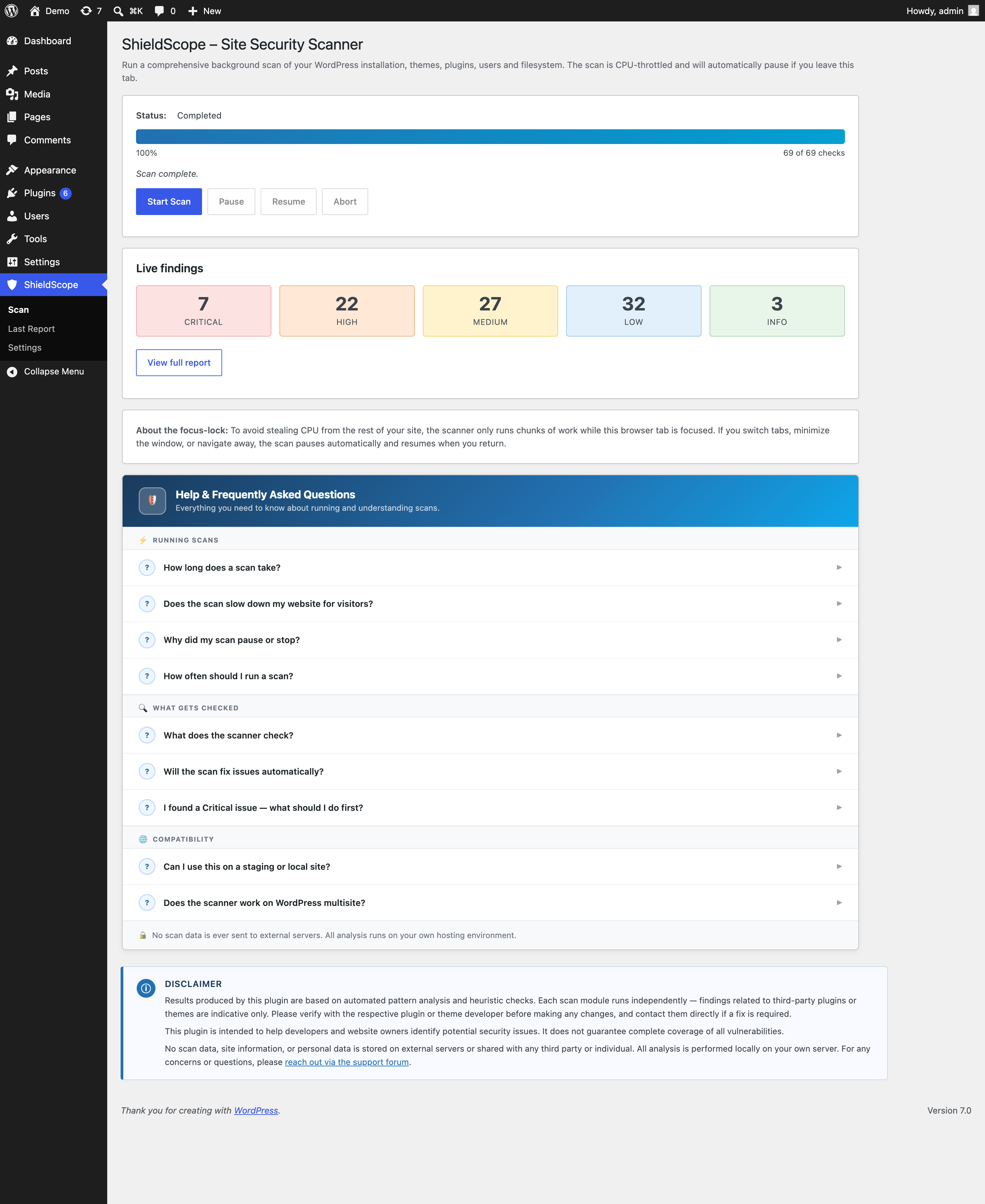 Scan dashboard — start, pause, or resume a scan with a live progress bar and real-time status updates.