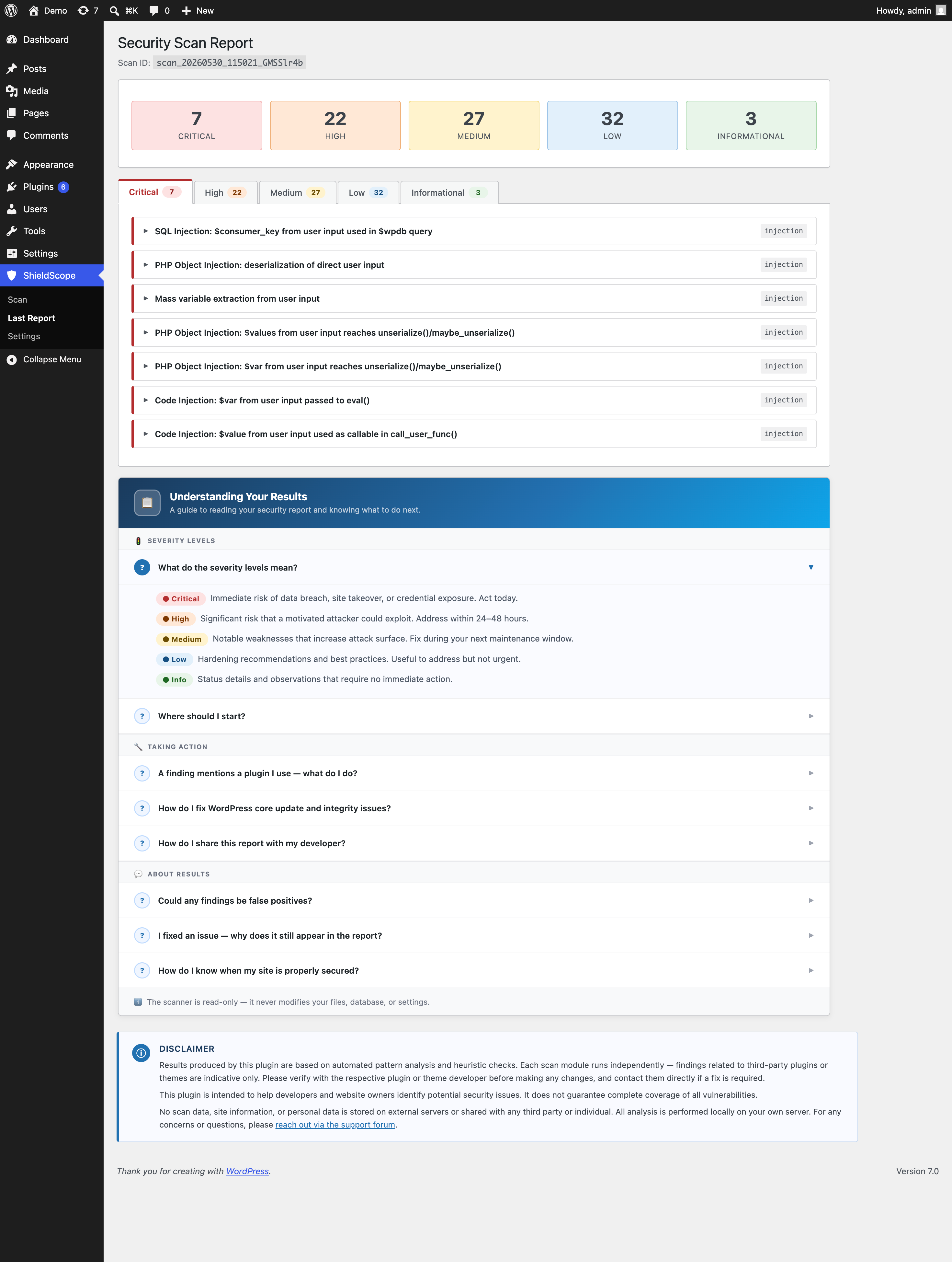 Security report — findings grouped by severity (Critical through Info) with a plain-English description and a clear action to take for every issue.