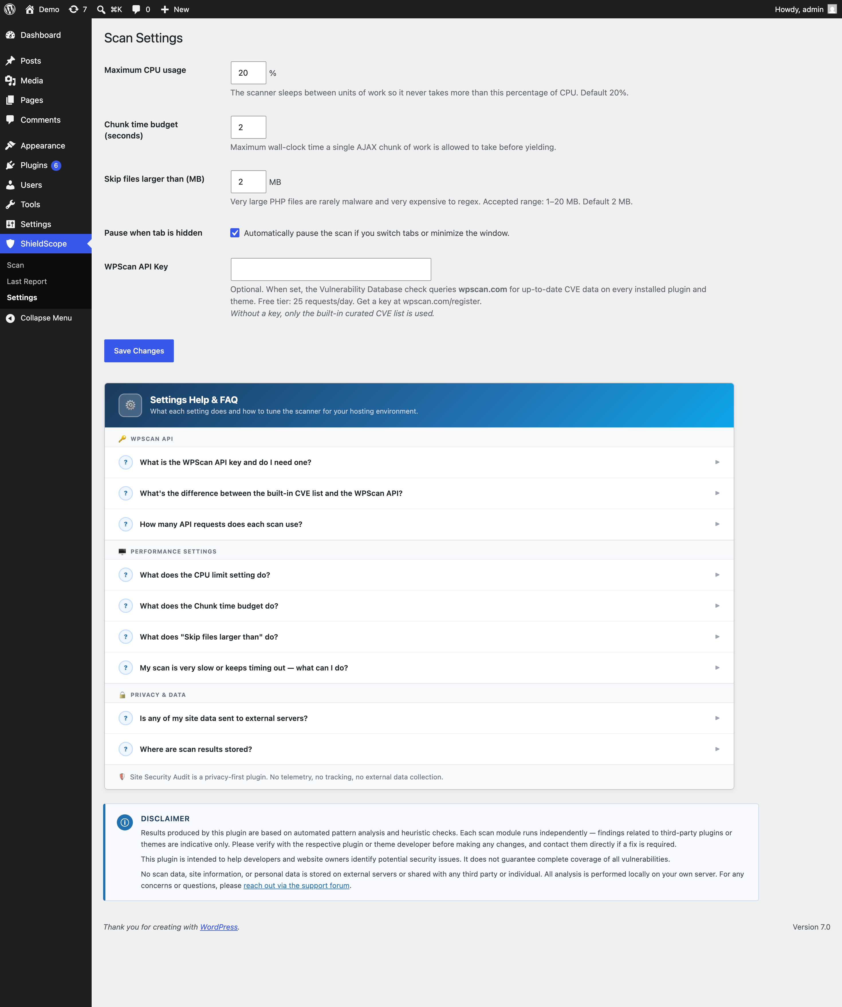 Settings page — adjust scan speed, file size limits, tab-pause behaviour, and optionally add a WPScan API key.