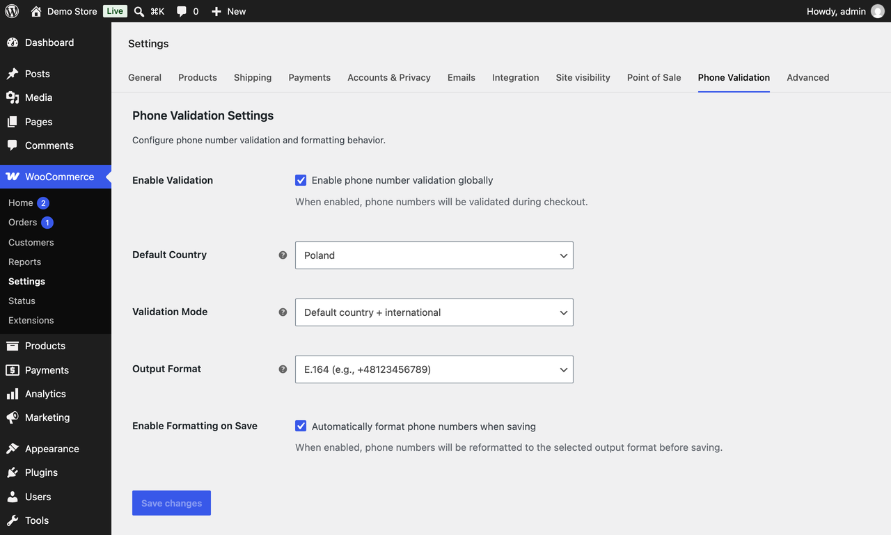 The Phone Validation tab under WooCommerce > Settings.
