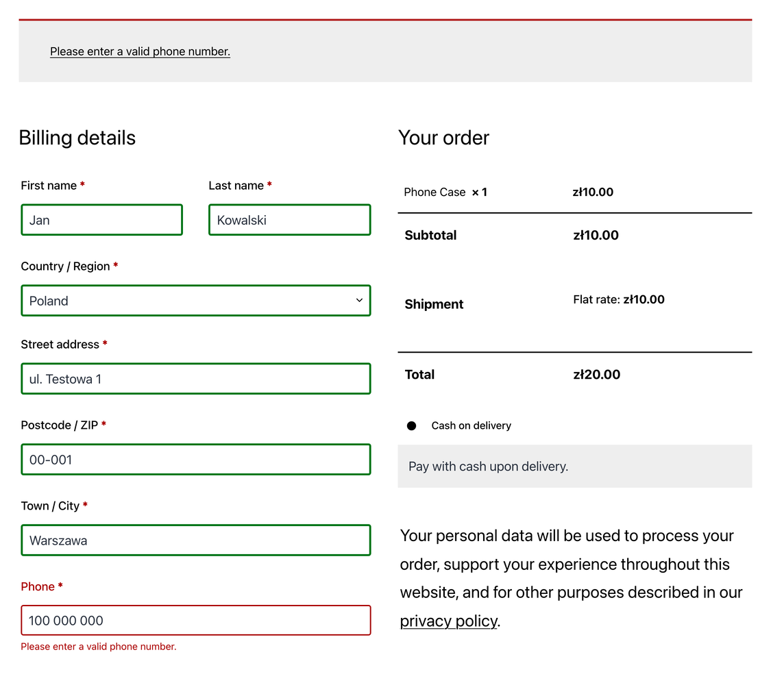 Classic checkout rejecting an invalid phone number, with the phone field highlighted.