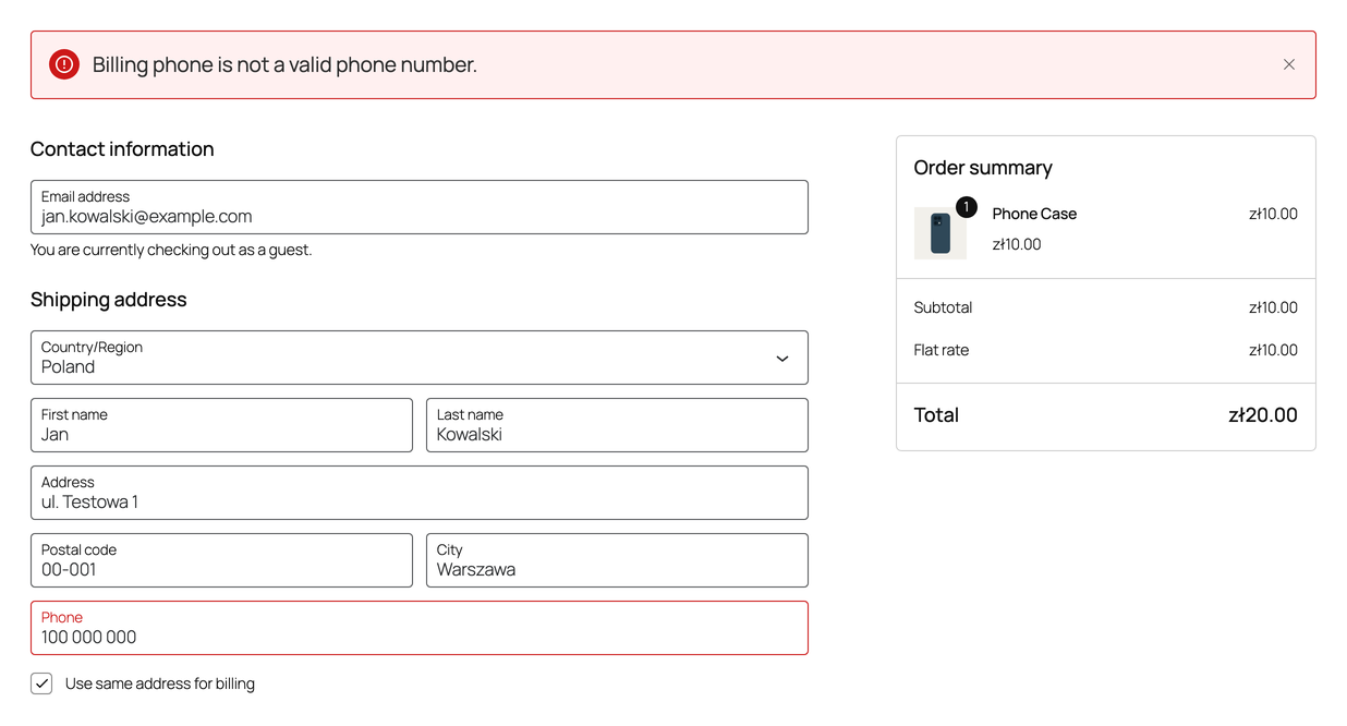 Block checkout rejecting an invalid phone number.