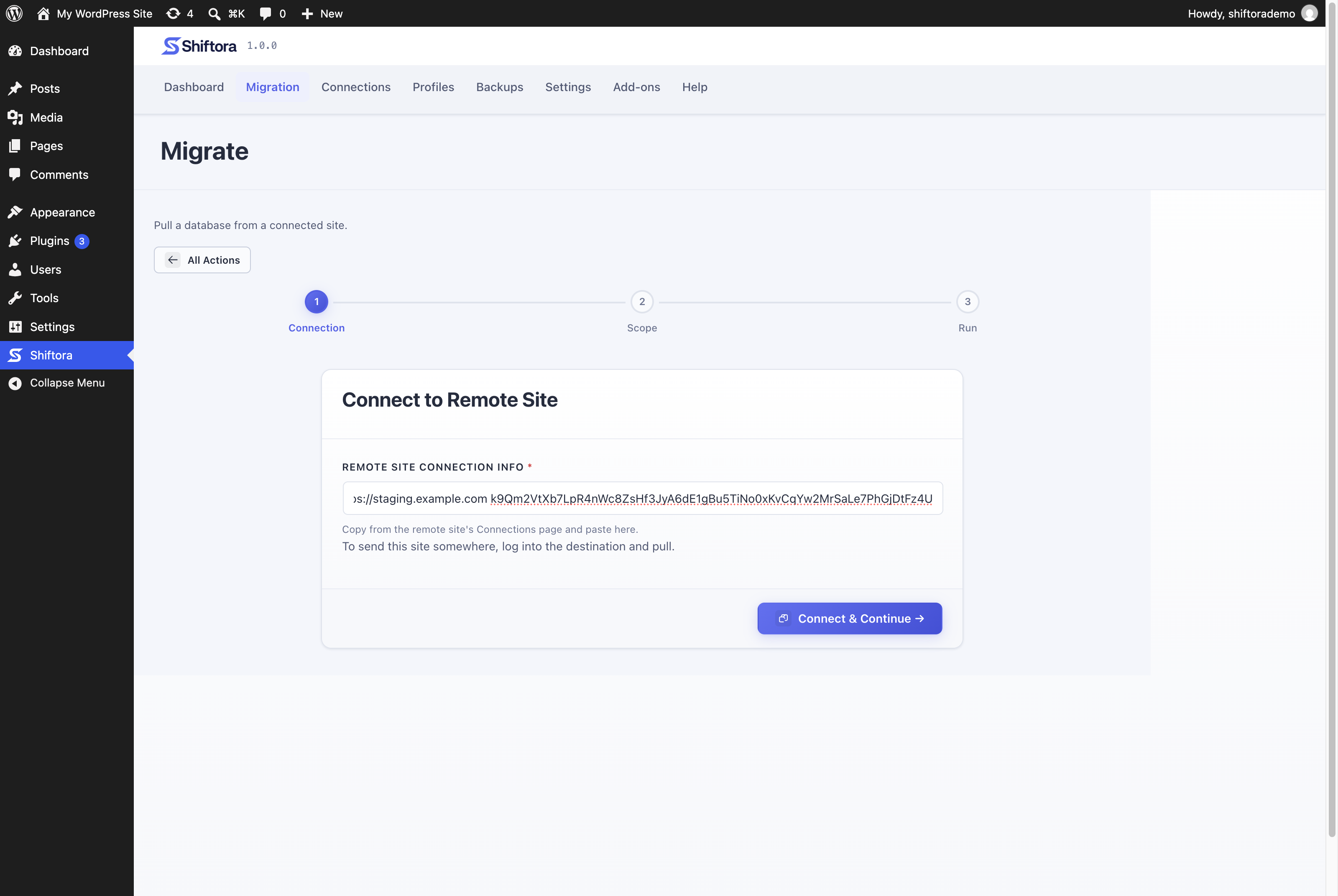 Connect to the site you want to pull from.
