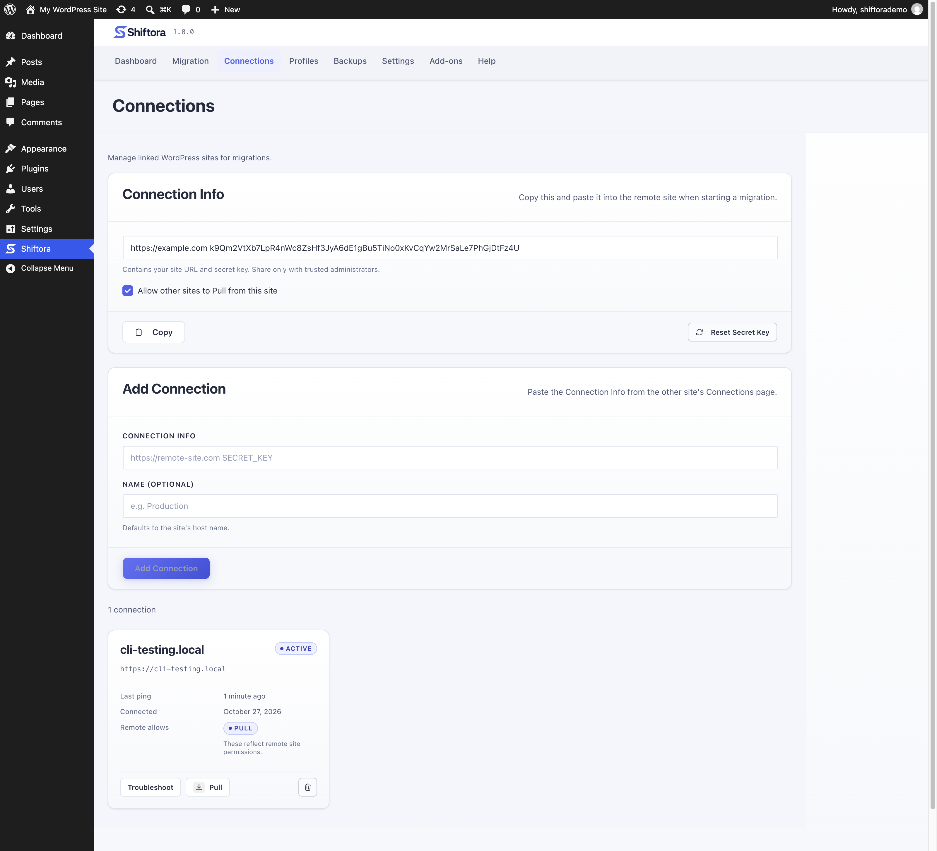 Pair two sites by copying one Connection Info line from one to the other.
