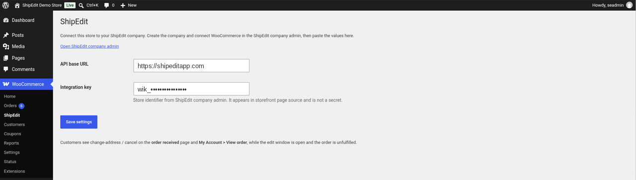 The WooCommerce > ShipEdit settings screen, where you paste the API base URL and integration key.