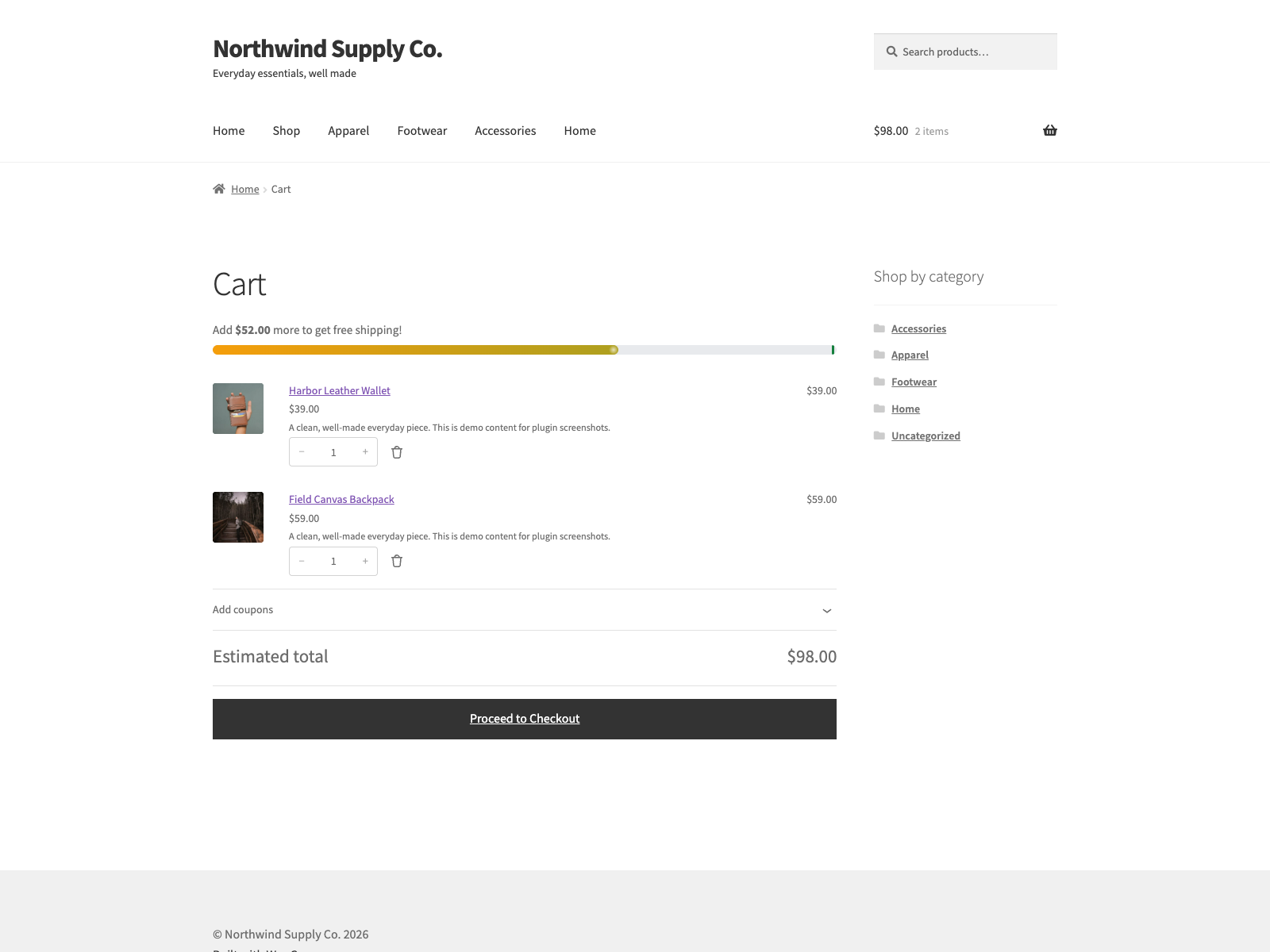 The bar above the WooCommerce Cart block.