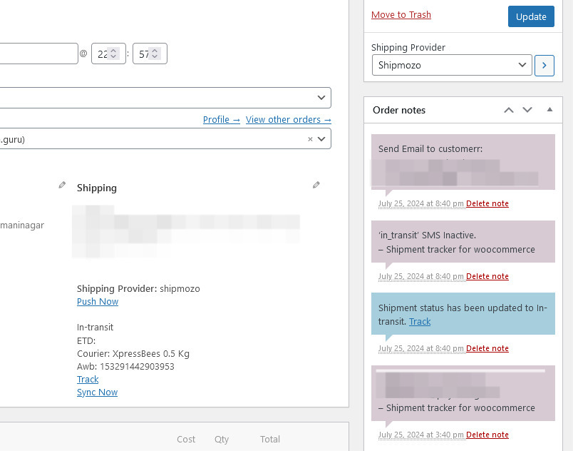 Shipment updates in Order notes