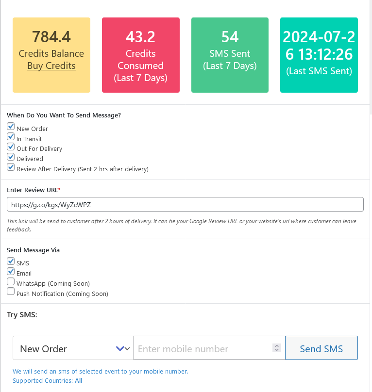 SMS & Email configuration