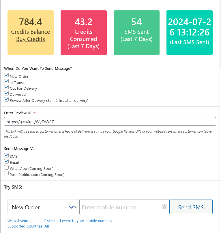 SMS &amp; Email configuration