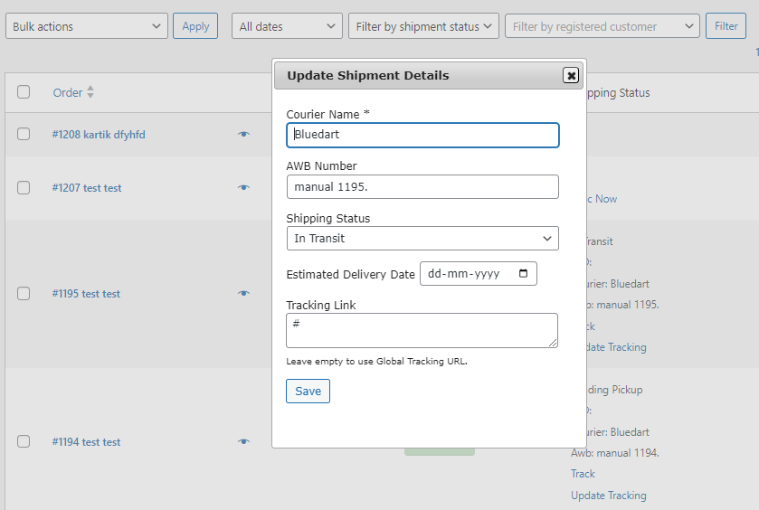 Updating shipment details for an order (when not using any aggregator).