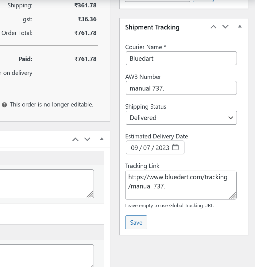 Updating shipment details from order details page (when not using any aggregator).