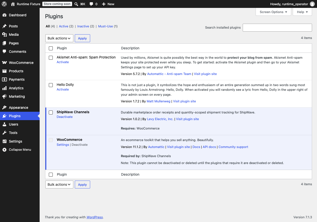 ShipWave Channels activated alongside WooCommerce.