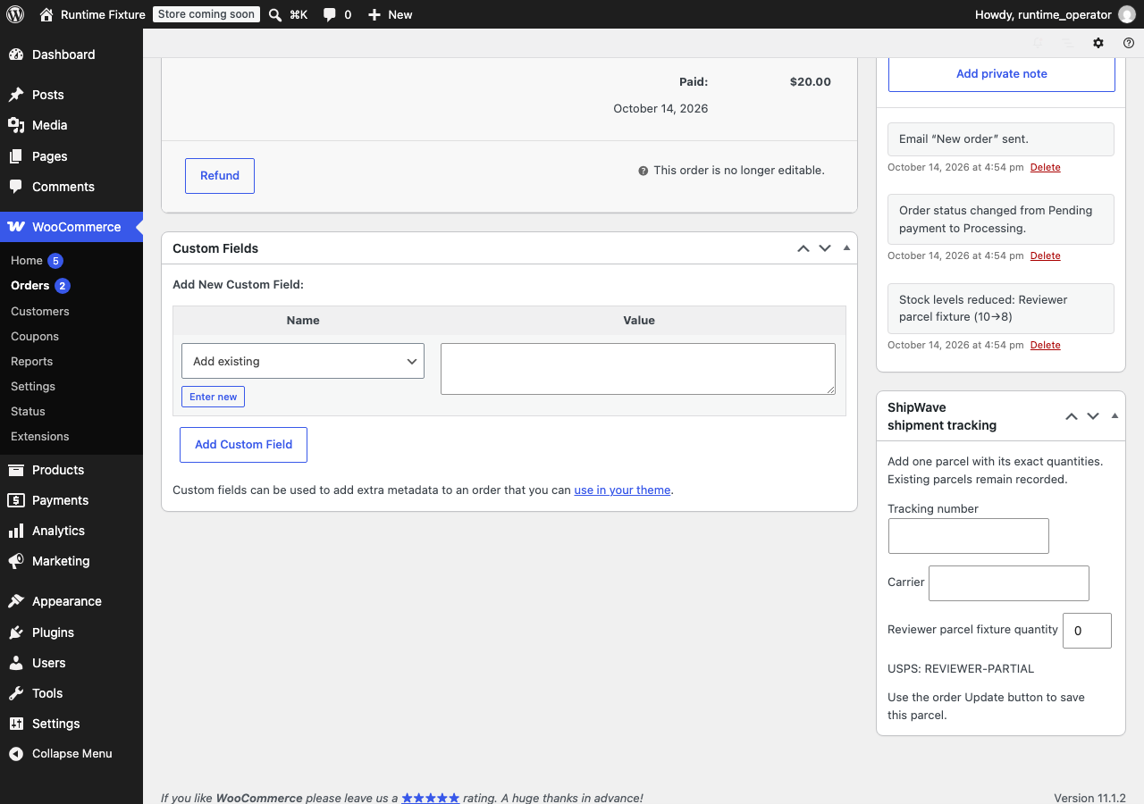 A partial parcel saved in the WooCommerce order tracking panel.