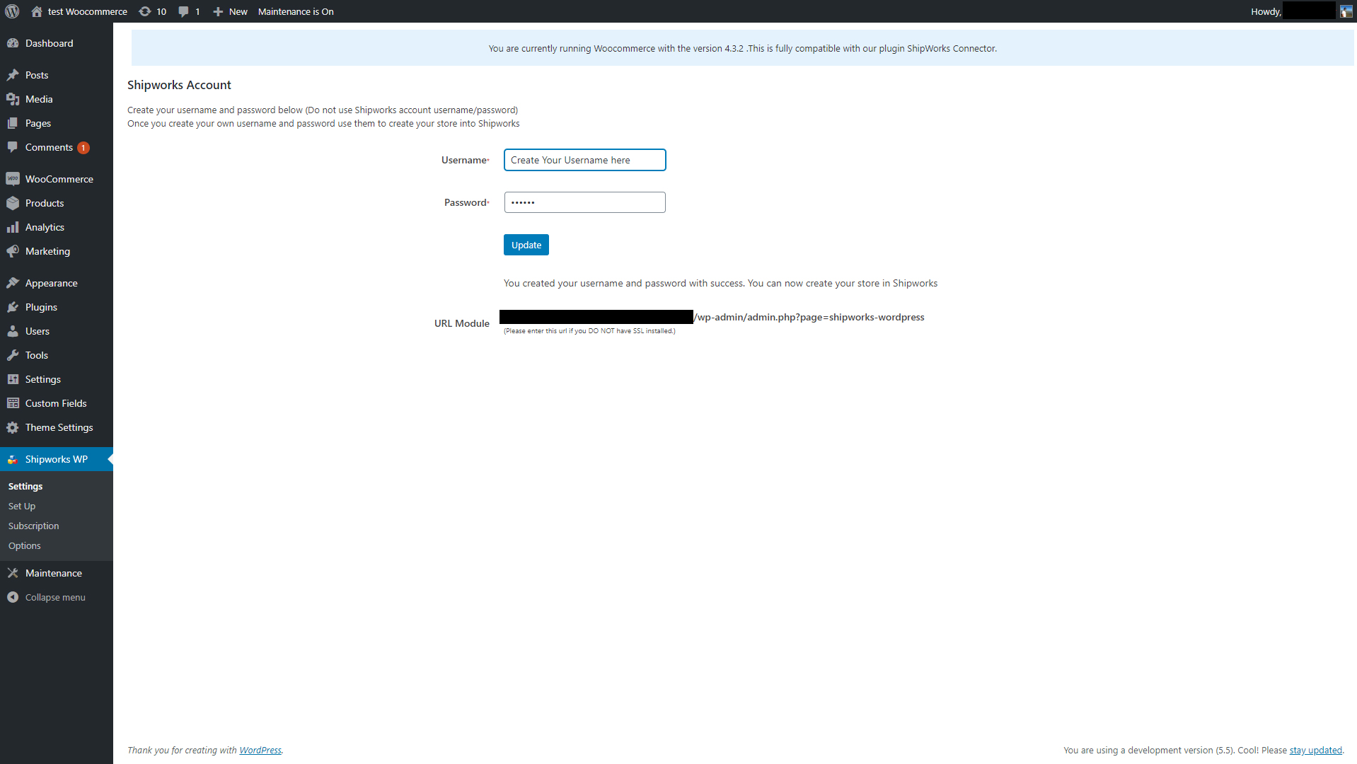 Shipworks Connector Settings - Create your username and password