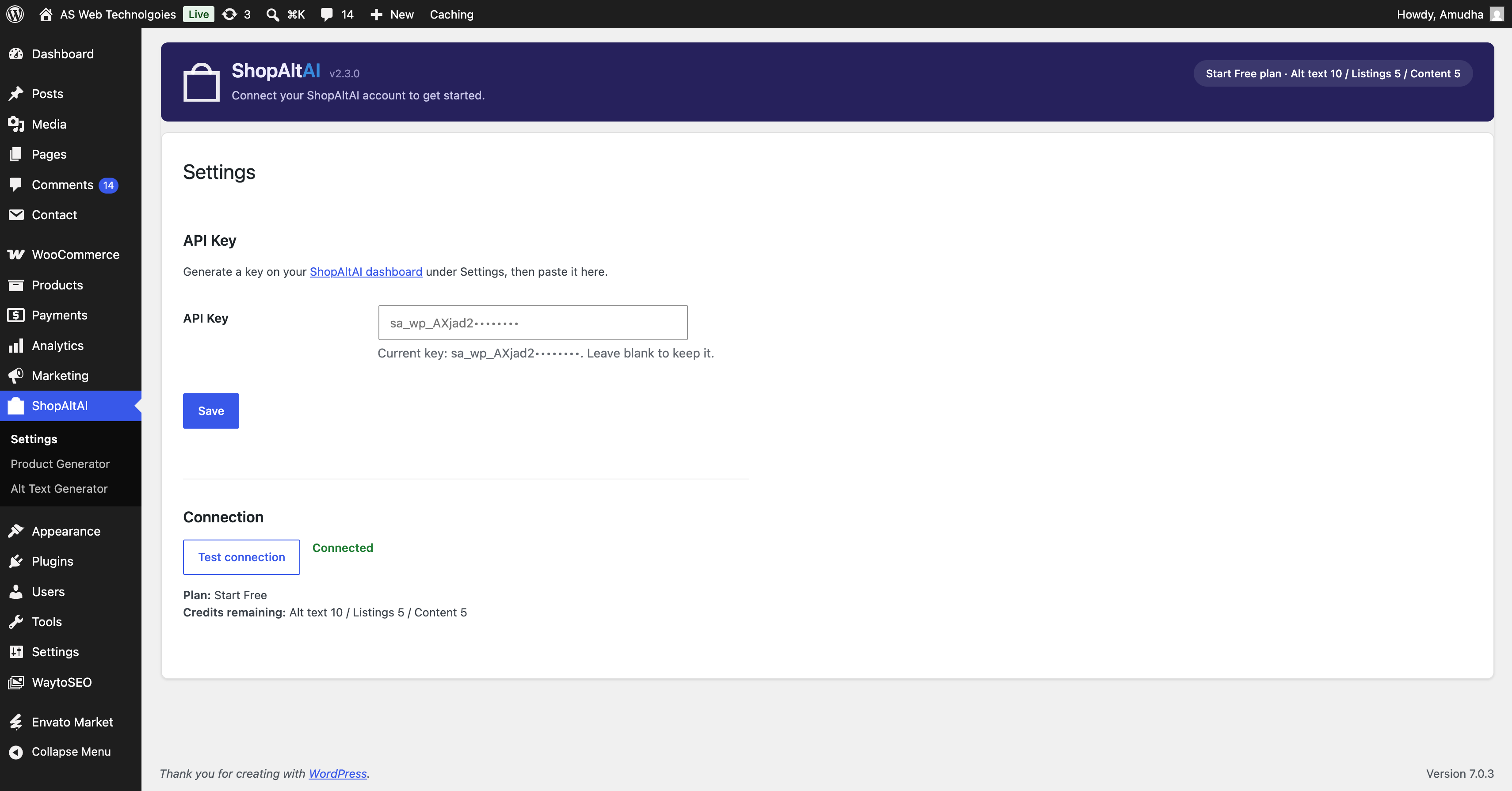 Settings screen — connect your ShopAltAI API key and test the connection.