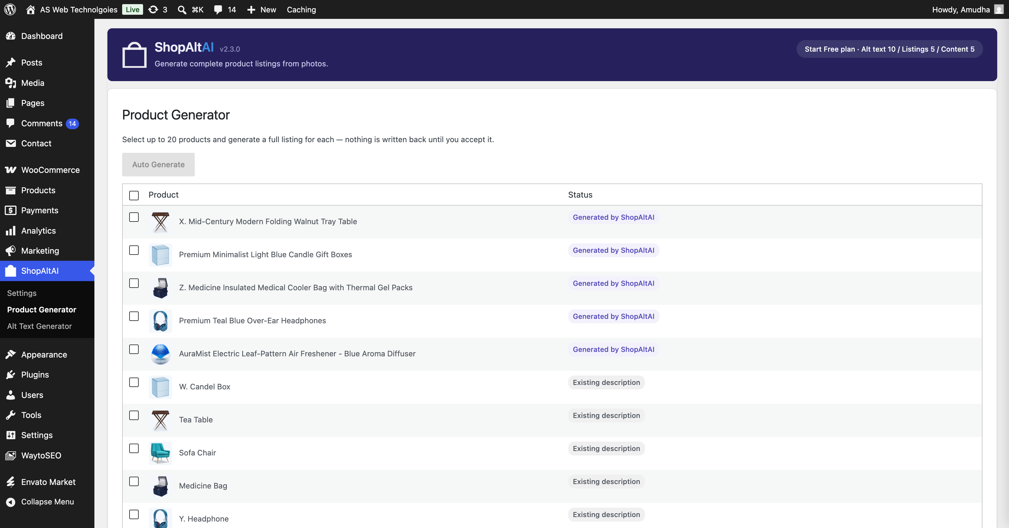 Product Generator — select WooCommerce products to generate listings for.