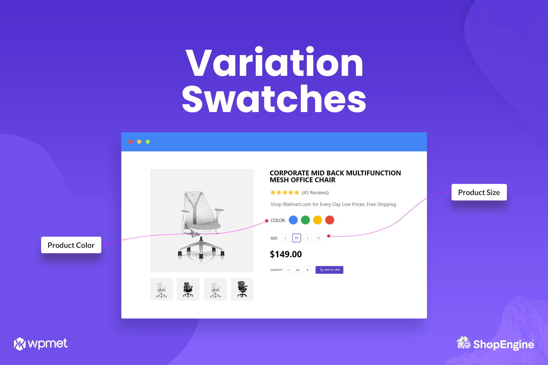 <p><strong>ShopEngine Variation Swatches.</strong> Add WooCommerce Variation Swatches instead of the drop-down to let shoppers select product attributes.</p>