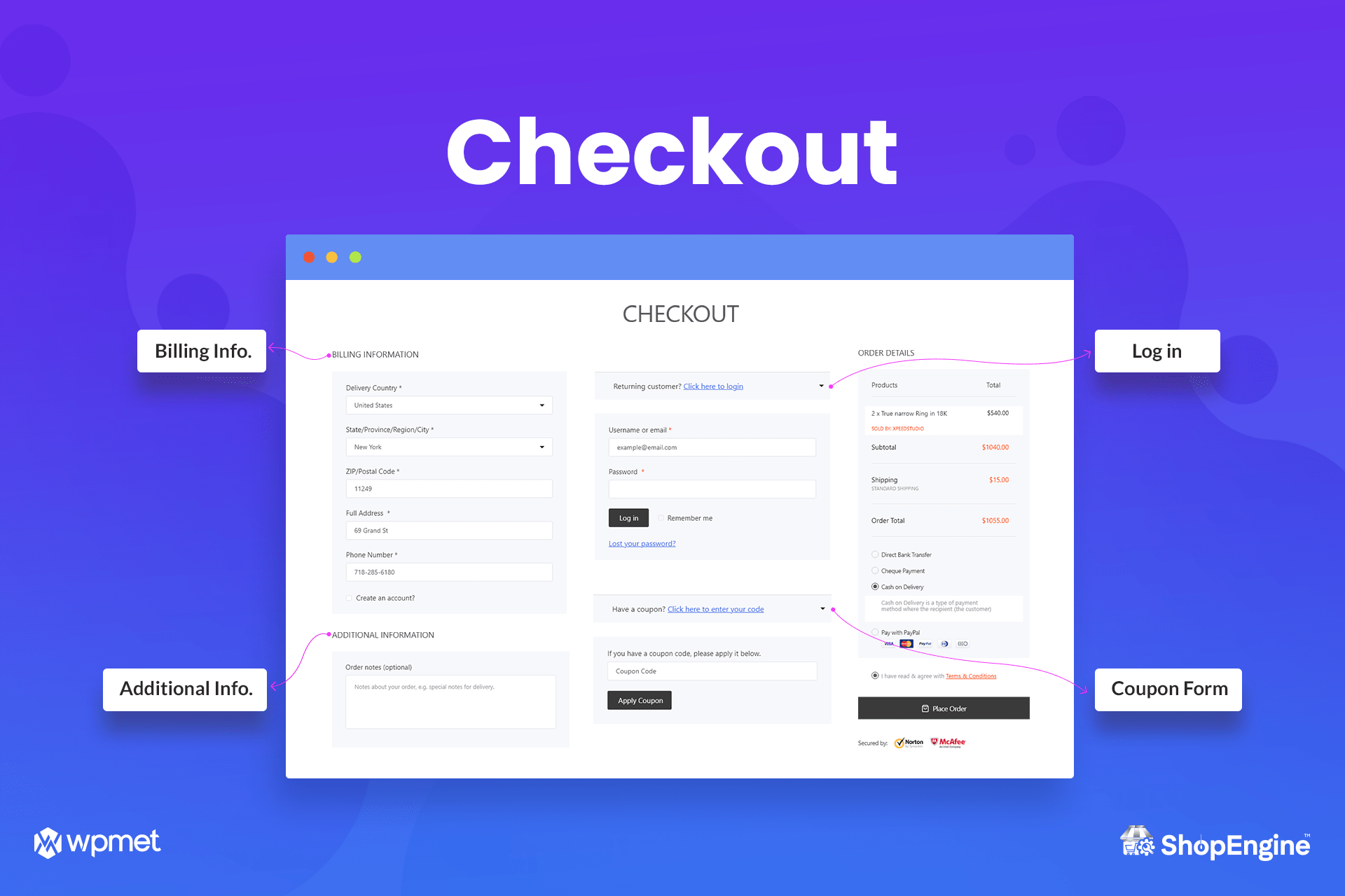 <p><strong>Build a Marvelous Checkout Page.</strong> Get the best of checkout login, coupon form and more with ShopEngine checkout page WooCommerce widgets.</p>