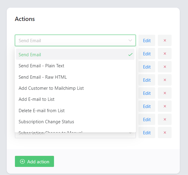 Build a successful email marketing automation with actions for WordPress and WooCommerce (some actions are available with free and PRO add-ons).