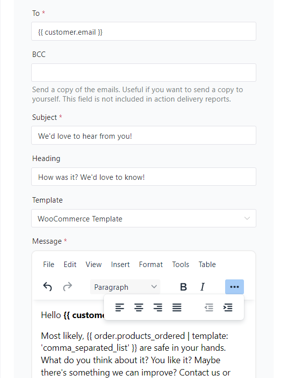 Action example - Custom email content and free email templates for WordPress and WooCommerce.