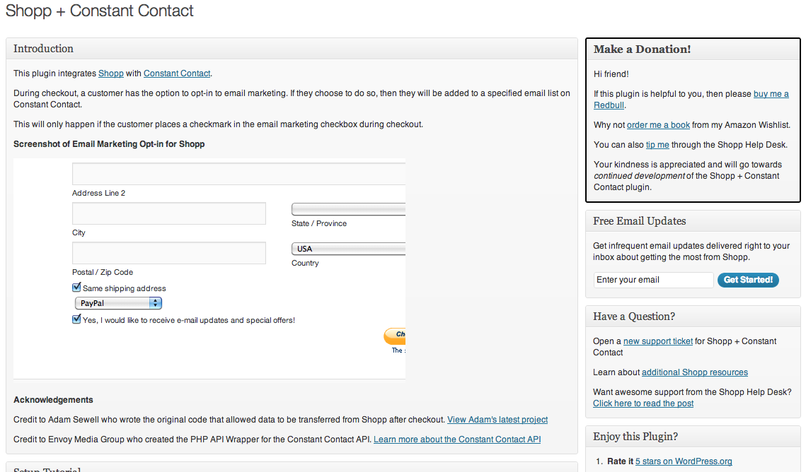 The Shopp + Constant Contact WordPress admin page.