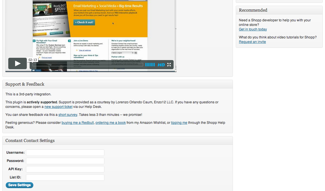 An additional view of the Shopp + Constant Contact WordPress admin page.