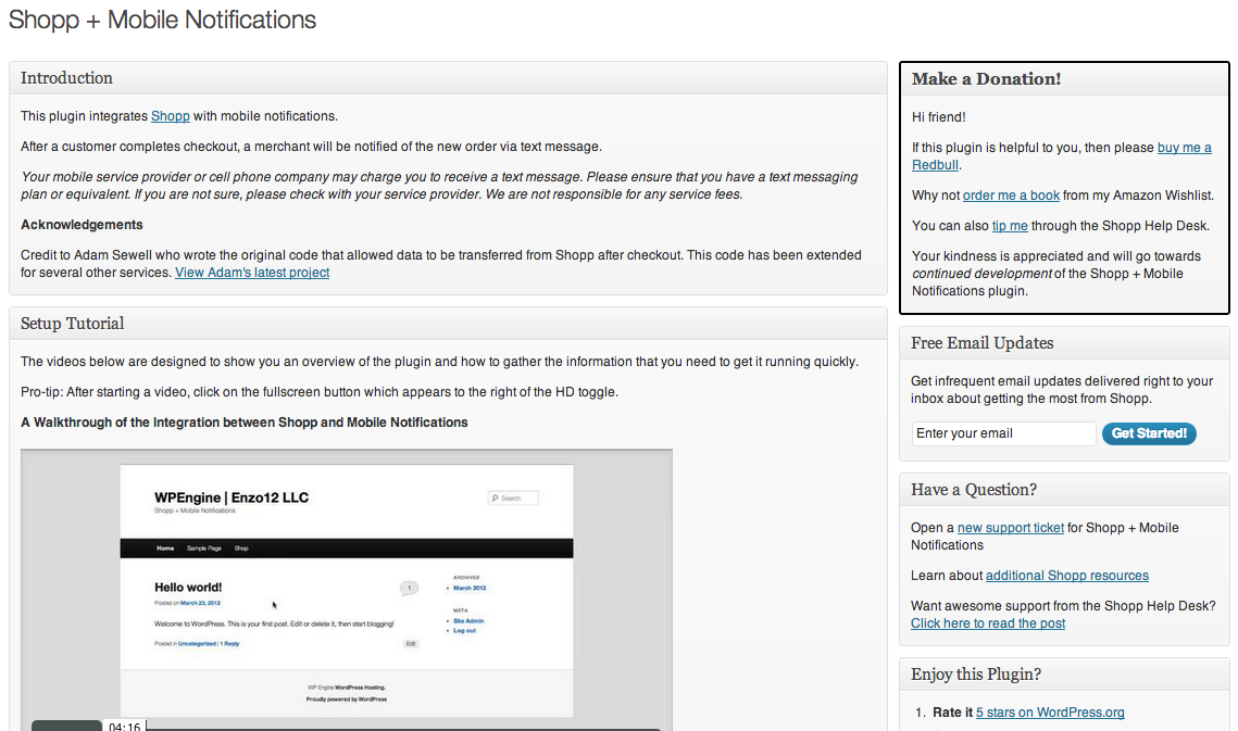 The Shopp + Mobile Notifications WordPress admin page.