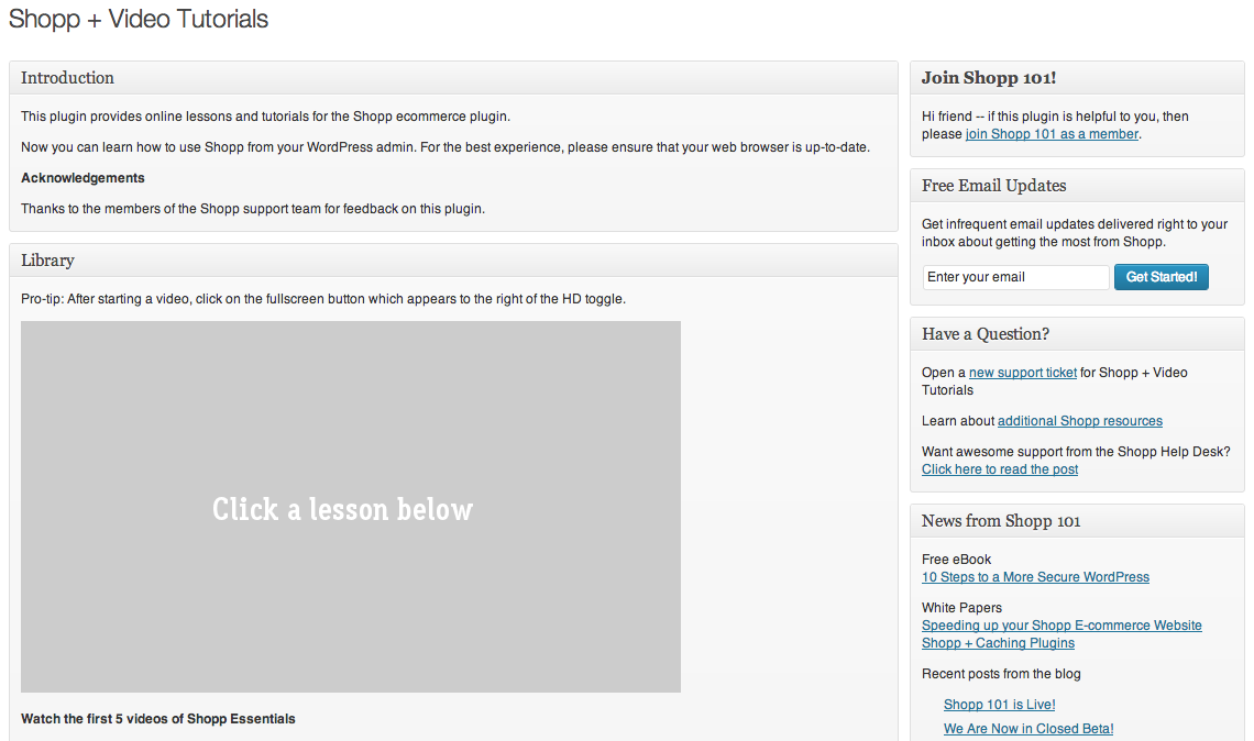The Shopp + Video Tutorials WordPress admin page.