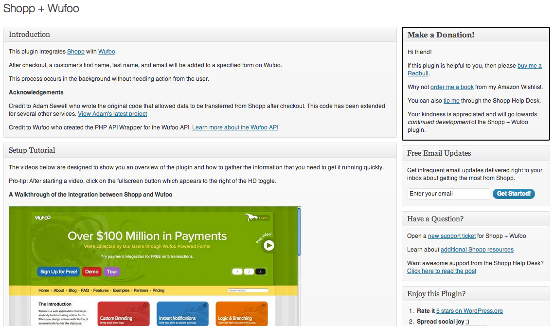 The Shopp + Wufoo WordPress admin page.