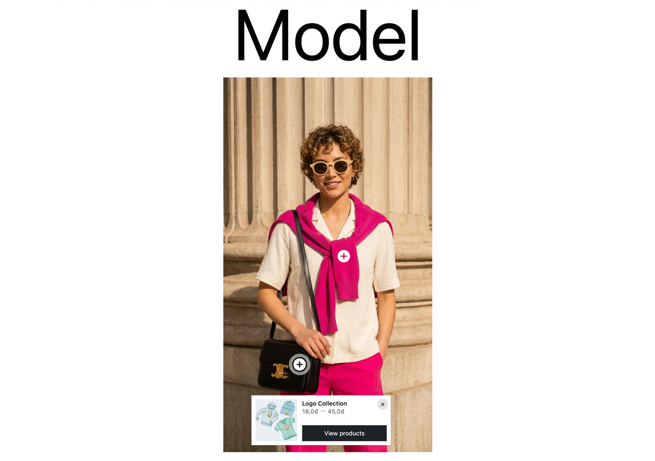 Shoppable image on the frontend — click a marker to open the product box with price and Add to cart