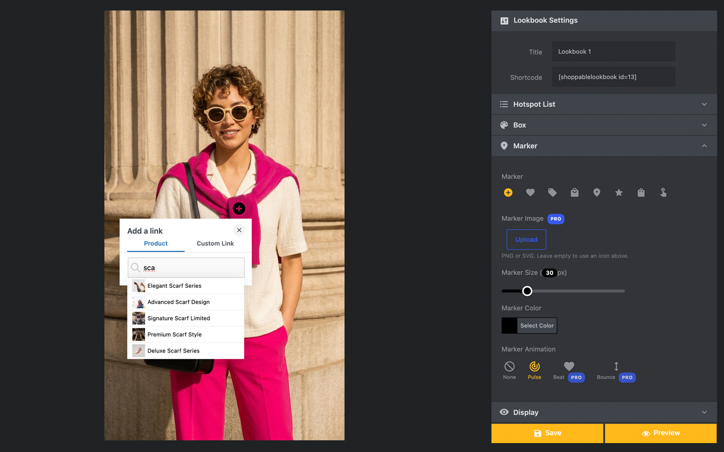 The hotspot editor — click the photo to add markers, drag to reposition, style everything from the sidebar